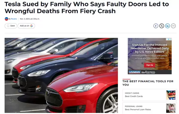 特斯拉遭诉讼:Model S事故后起火 车门无法打开致5人死亡