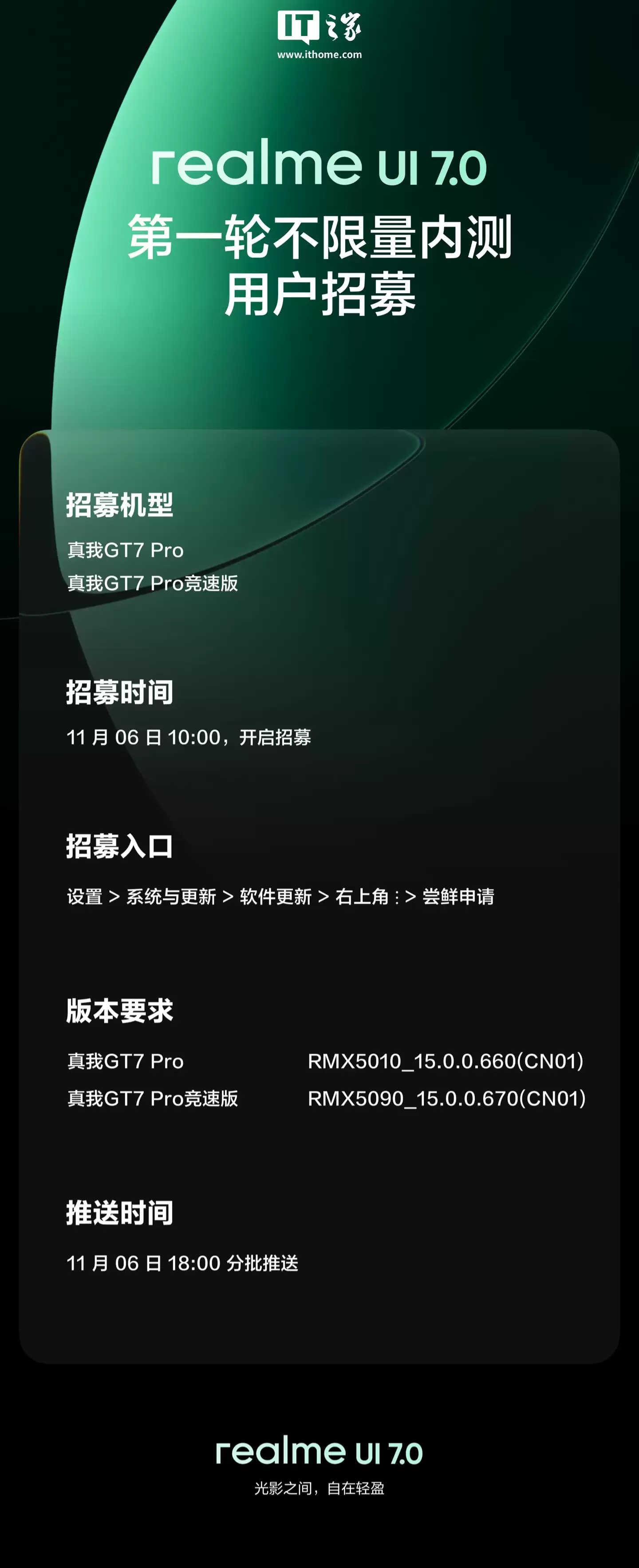 realme UI 7.0 第一轮不限量内测用户招募明日开启,首批覆盖真我 GT7 Pro 系列