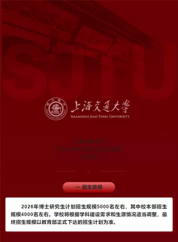 上海交大博士招生或超本科！2026年博士招生简章发布：计划招5000人