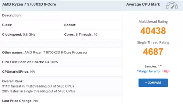 AMD Zen5锐龙7 9700X3D曝光：8核新星携96MB缓存冲击游戏性能巅峰