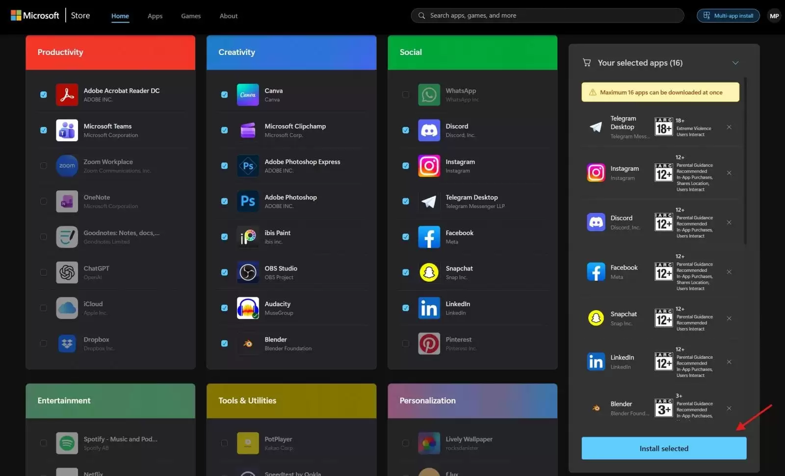 网页版微软应用商店上线批量安装：可选64款热门应用、一次最多安装16款