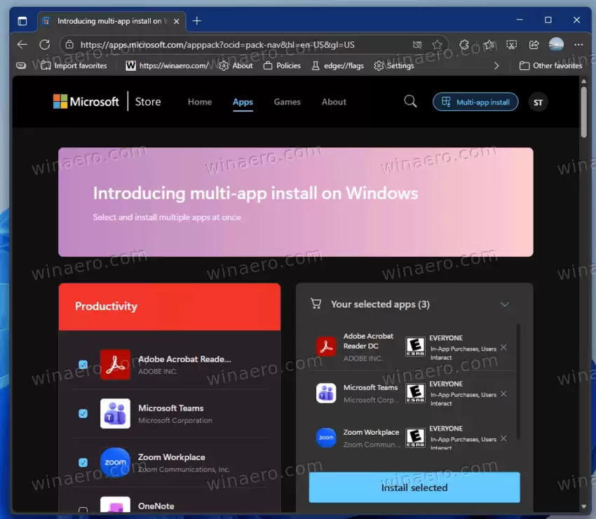网页版微软应用商店上线批量安装：可选64款热门应用、一次最多安装16款