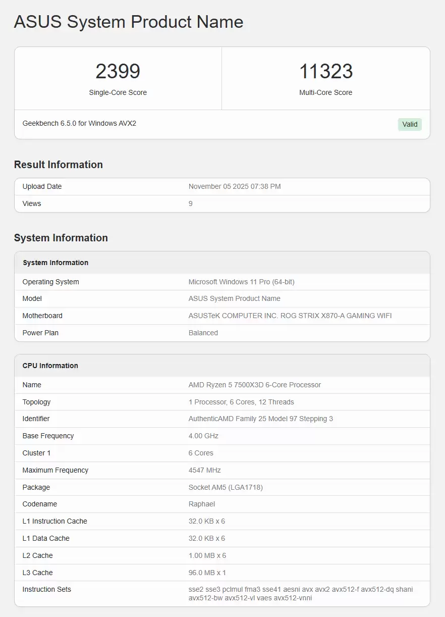 AMD 7500X3D 处理器性能首曝,96MB L3 缓存、比 7600X3D 慢约 8%