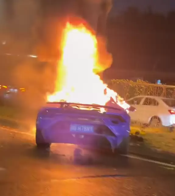 不止电动车会起火 成都一兰博基尼撞上绿化带后自燃烧成空壳