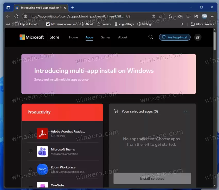 网页版微软应用商店上线批量安装：可选64款热门应用、一次最多安装16款