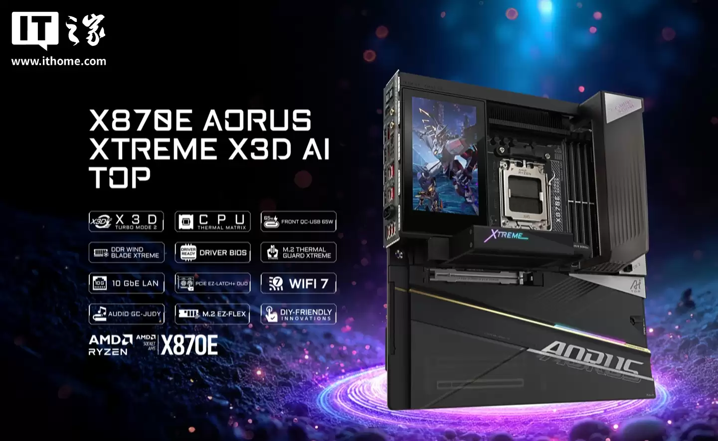 技嘉 X870E AORUS XTREME X3D AI TOP 主板发布：内置 2.0 版 X3D AI 超频技术，正面配 LCD 屏幕