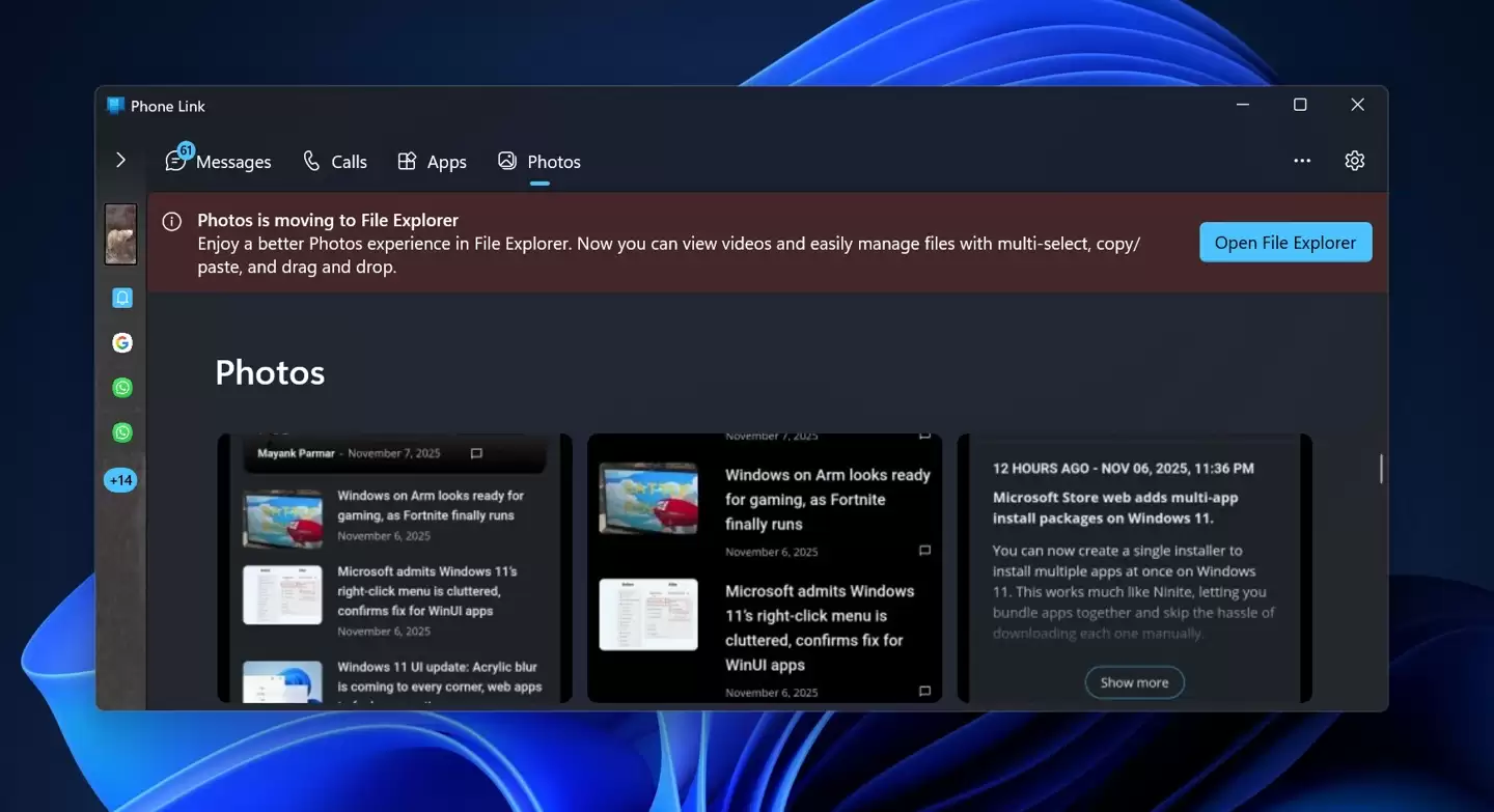 微软 Win11 系统“连接手机”应用将移除查看手机照片功能，未来需通过文件资源管理器访问