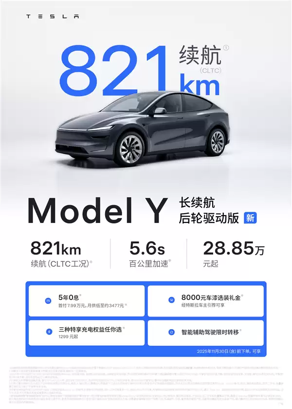 28.85万 续航最长的特斯拉Model Y上市:78电池能跑821km