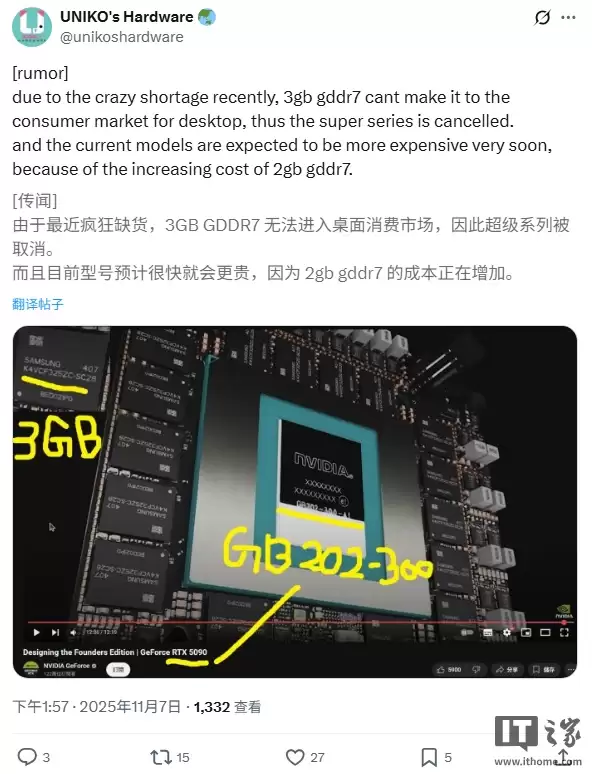 24Gb GDDR7 显存短缺:英伟达 RTX 50 SUPER 系列显卡被曝推迟至 2026 年第三季度,优先供应更高利润产品