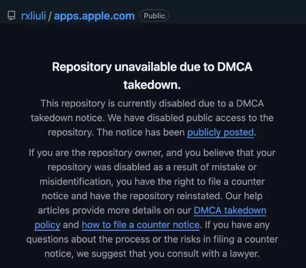 苹果就 App Store 前端代码泄露问题向微软 GitHub 发通知函，清理 8270 个仓库