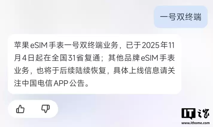 中国电信 Apple Watch 一号双终端 eSIM 业务复通:需 iOS 26.1 设备,其他品牌智能手表后续恢复
