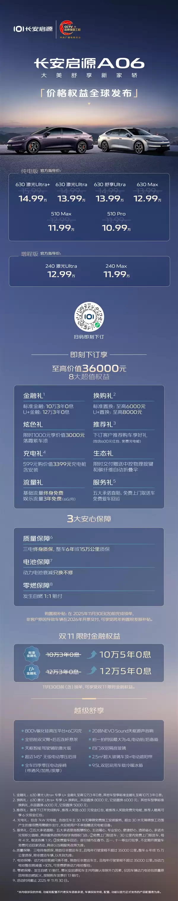 10.99—14.99万元！长安启源A06定价权益正式公布：六款纯电、两款增程