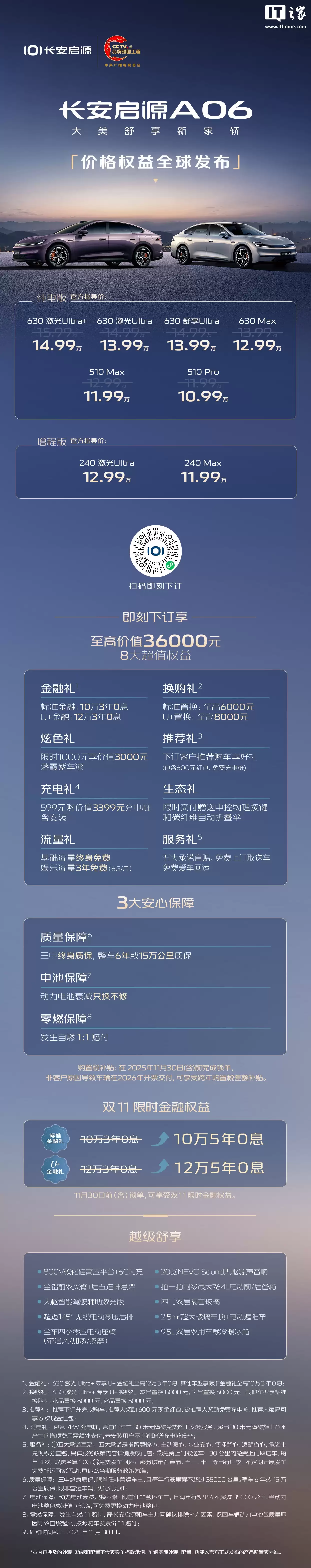 售 10.99 万元起、两种动力,长安启源 A06 上市