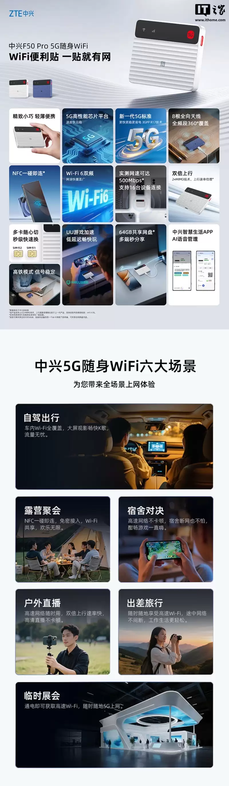中兴 F50 Pro 随身 Wi-Fi 开售:NFC 一碰连、64GB 共享网盘,首发 399 元