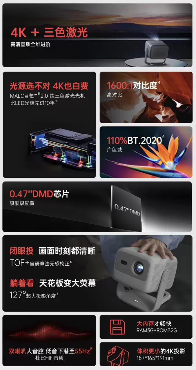 “抖4K”分辨率三色光机：坚果 N1S 投影仪 2982 元新低 3 期免息