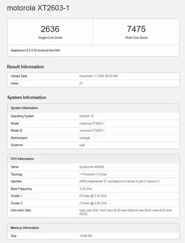 摩托罗拉 Edge 70 Ultra 手机现身 Geekbench:性能介于骁龙 8 Gen 3/8 Elite,16GB 内存
