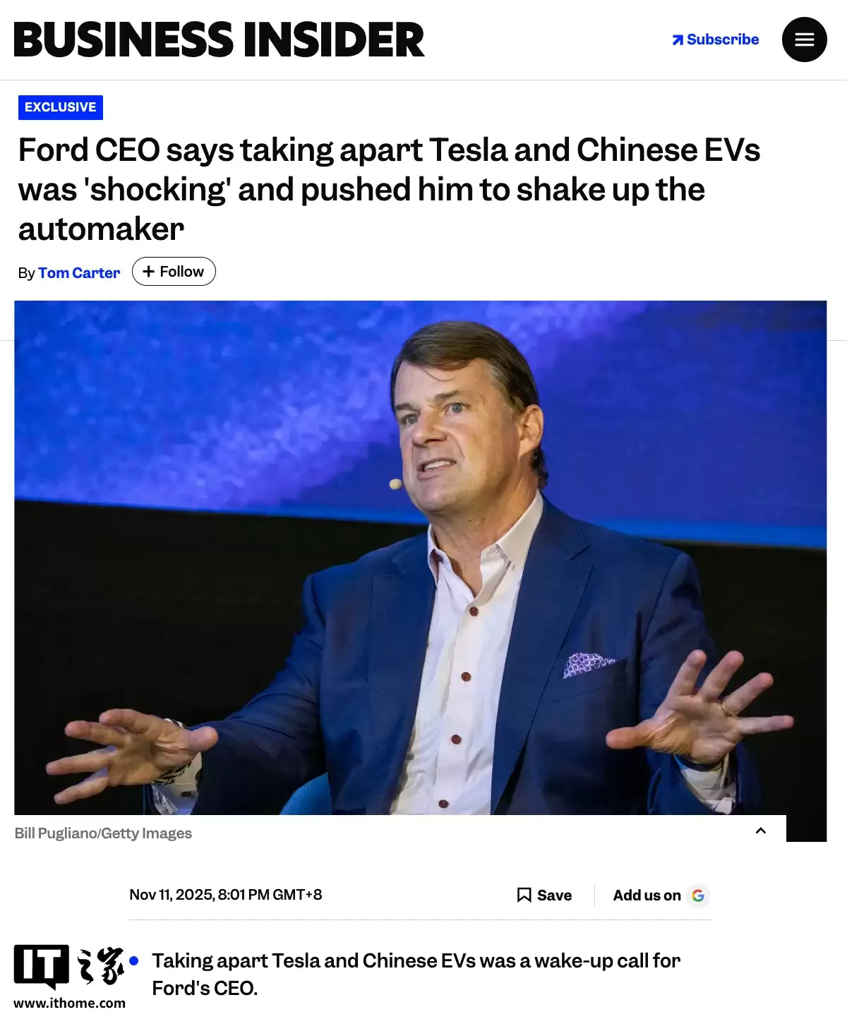 福特 CEO 法利：特斯拉和中国造车新势力使自己在电动汽车领域彻底觉醒