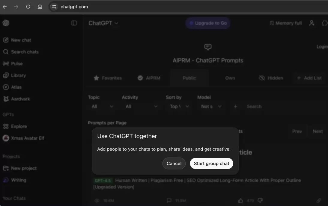 ChatGPT 内测“群聊”功能，OpenAI 计划推出“共享项目”模式