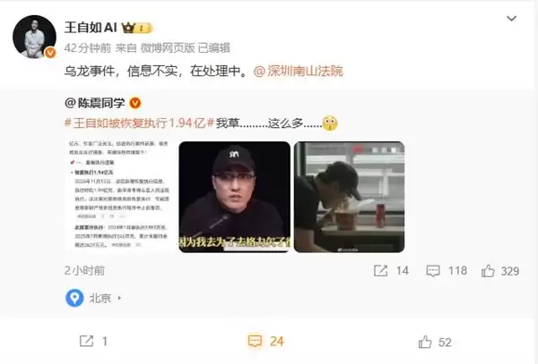 王自如回应被恢复执行1.94亿元:乌龙事件、信息不实