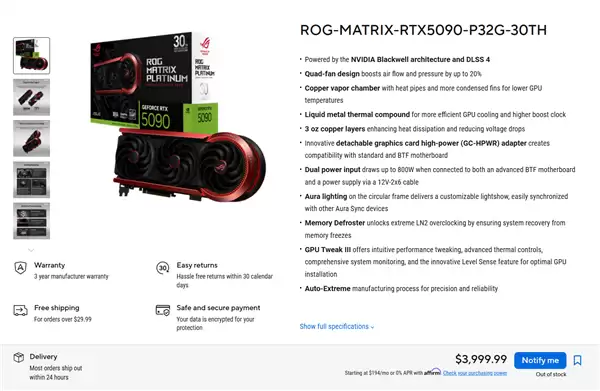 华硕限量ROG MATRIX RTX 5090显卡上架：溢价足足够一倍