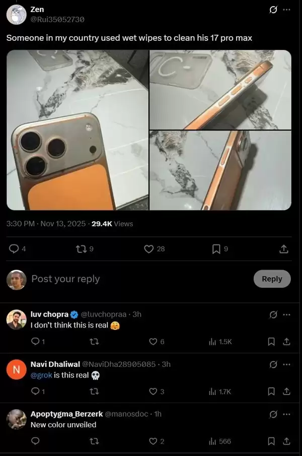 iPhone 17 Pro Max惊现异常掉漆：湿巾擦拭致涂层大片脱落