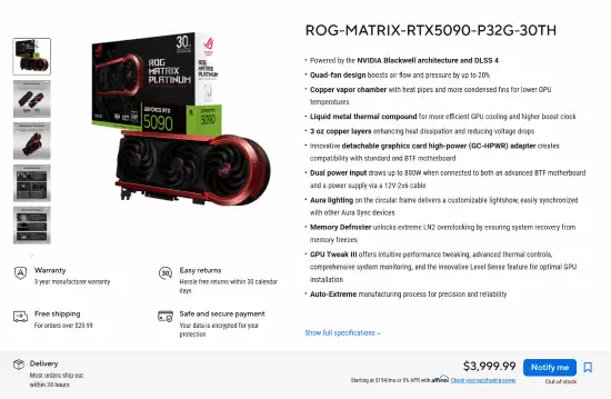 华硕发布限量版ROG MATRIX RTX 5090 售价近2.8万元