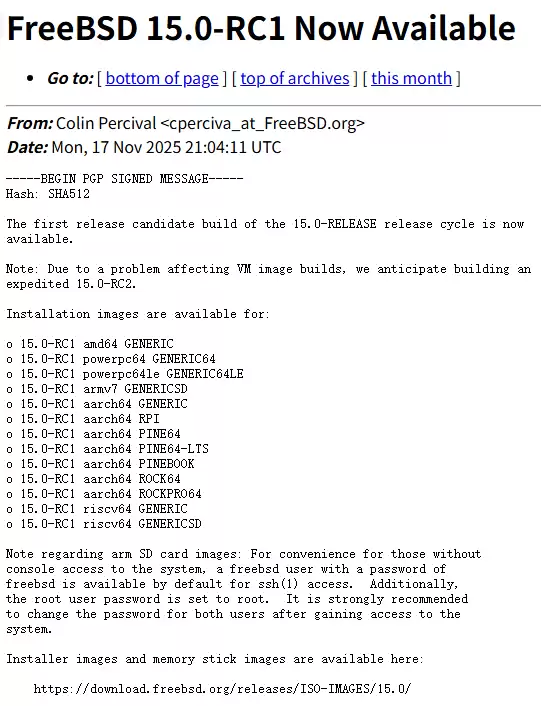 FreeBSD 15.0-RC1发布,12月2日将推正式版