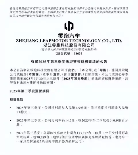零跑汽车2025年Q3营收194.5亿，交付17.39万台创新高