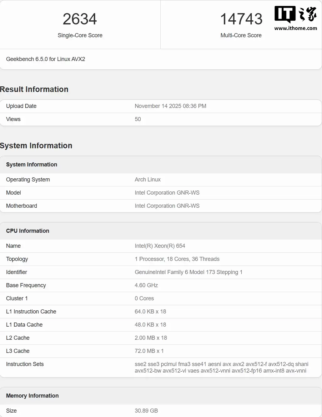 英特尔 Granite Rapids-WS 初步规格曝光:至强 654 现身 Geekbench