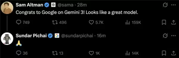 谷歌Gemini 3.0 Pro屠榜 马斯克奥特曼祝贺点赞