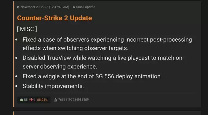 Cs2%E6%96%B0%E4%BC%98%E5%8C%96%EF%BC%811120%E6%9B%B4%E6%96%B0%E4%BF%AE%E5%A4%8DSG553%E6%8A%96%E5%8A%A8%E4%B8%8E%E8%A7%82%E5%AF%9F%E8%80%85bug%EF%BC%8C%E6%B8%B8%E6%88%8F%E7%A8%B3%E5%AE%9A%E6%80%A7%E5%85%A8%E9%9D%A2%E6%8F%90%E5%8D%87 Cs2%E6%96%B0%E4%BC%98%E5%8C%96%EF%BC%811120%E6%9B%B4%E6%96%B0%E4%BF%AE%E5%A4%8DSG553%E6%8A%96%E5%8A%A8%E4%B8%8E%E8%A7%82%E5%AF%9F%E8%80%85bug%EF%BC%8C%E6%B8%B8%E6%88%8F%E7%A8%B3%E5%AE%9A%E6%80%A7%E5%85%A8%E9%9D%A2%E6%8F%90%E5%8D%87