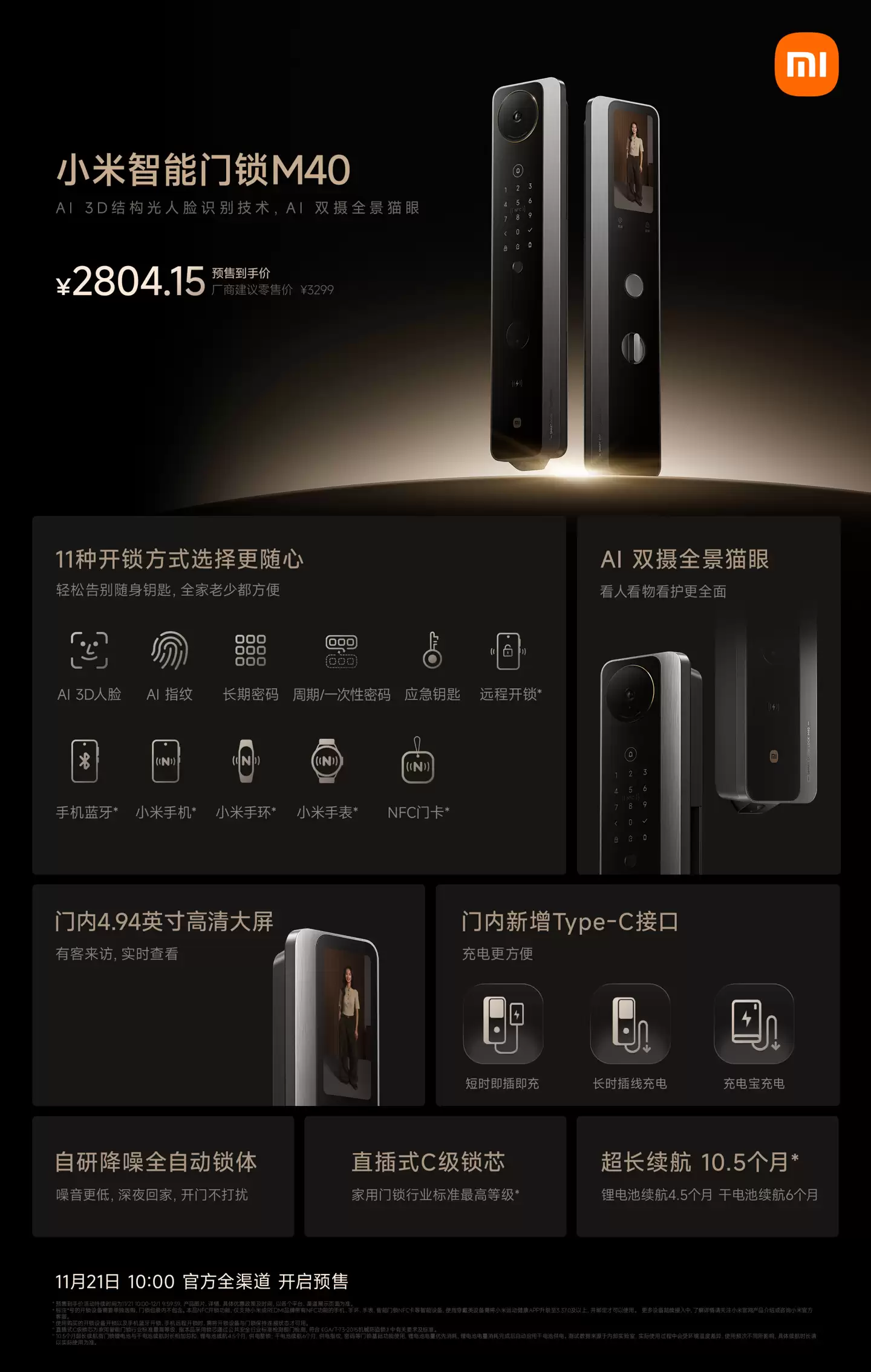 小米智能门锁 M40 预售:4.94 英寸高清大屏 + AI 双摄全景猫眼,3299 元