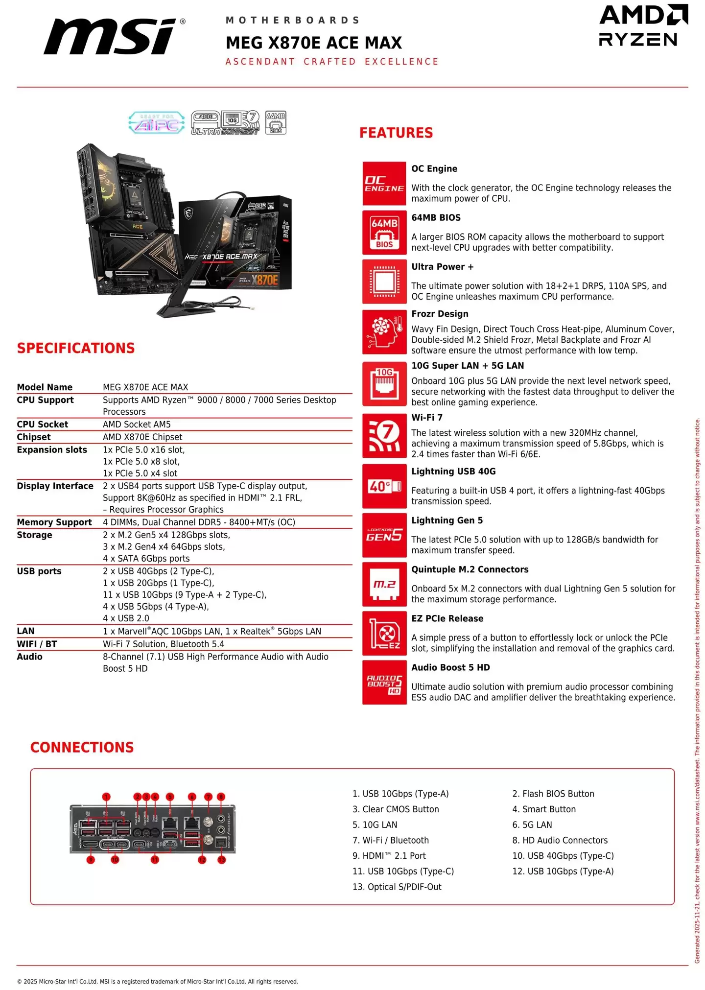 微星 MEG X870E ACE MAX 主板规格表曝光:3&215; PCIe Gen5 插槽