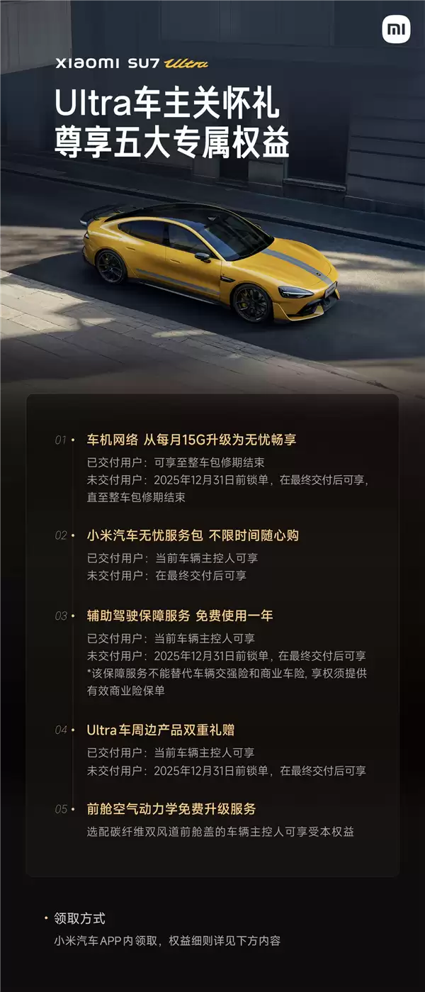 一图看懂:小米上线Ultra车主关怀礼 五大权益