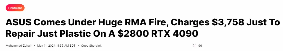 华硕退货政策引争议：修复小塑料件费用高达2万