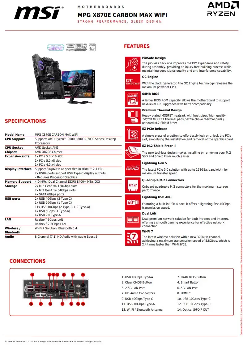 微星 800 系列主板新品曝光：升级 64 MB BIOS，为 AMD Zen 6 锐龙 CPU 做好准备