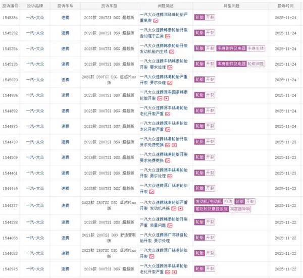 大众速腾遭车主集体投诉:质保期内原车轮胎开裂