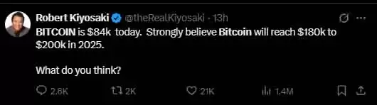 罗伯特·清崎预测: 2025 年比特币价格将达到 20 万美元