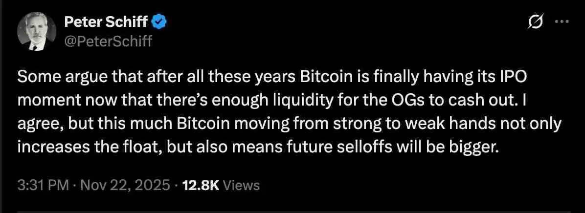 比特币（BTC）老手向“弱势”投资者出售将加剧抛售：彼得·施 iff