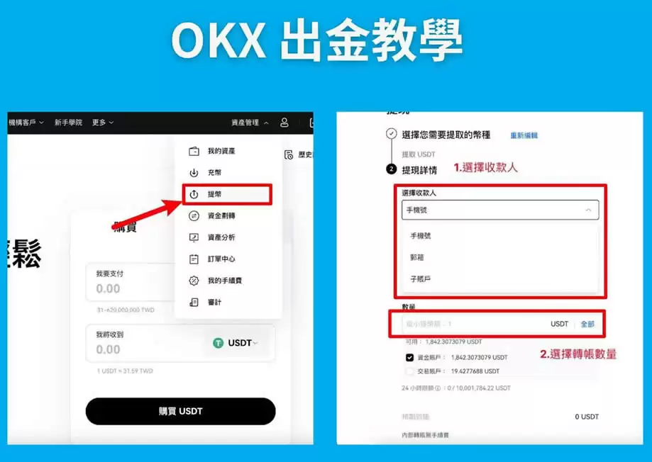 OKX出金详细教学:OKX链上提现、零手续费内部转帐图文教程