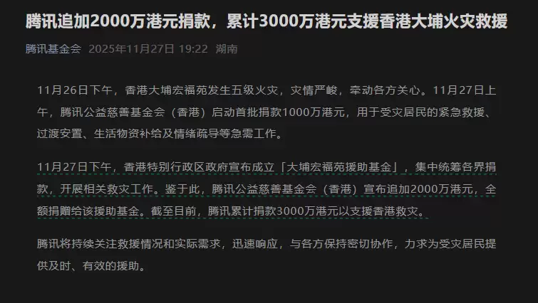 腾讯追加2000万港元捐款，累计3000万港元支援香港大埔火灾救援
