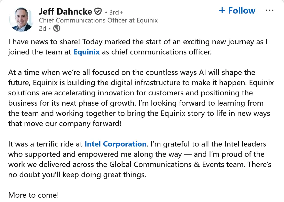 英特尔再有 CxO 高管离职，首席传播官 Jeff Dahncke 转投 Equinix