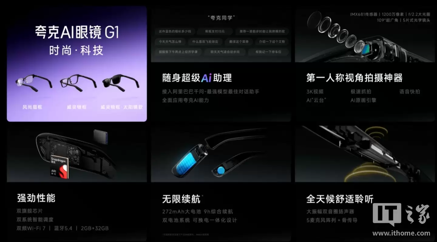 夸克 AI 眼镜 G1 发布:双芯双系统、3K 视频拍摄,1999 元起