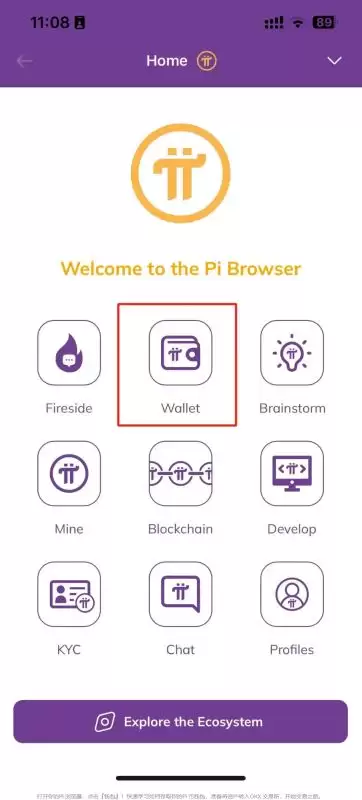 打开你的PI 浏览器，点击「wallet」