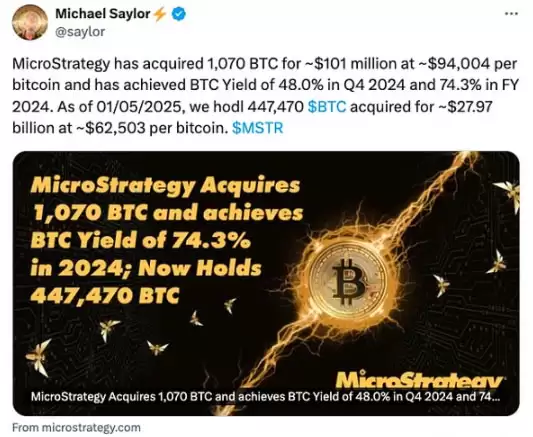 MicroStrategy宣布购买了1070个比特币 价值1.01亿美元