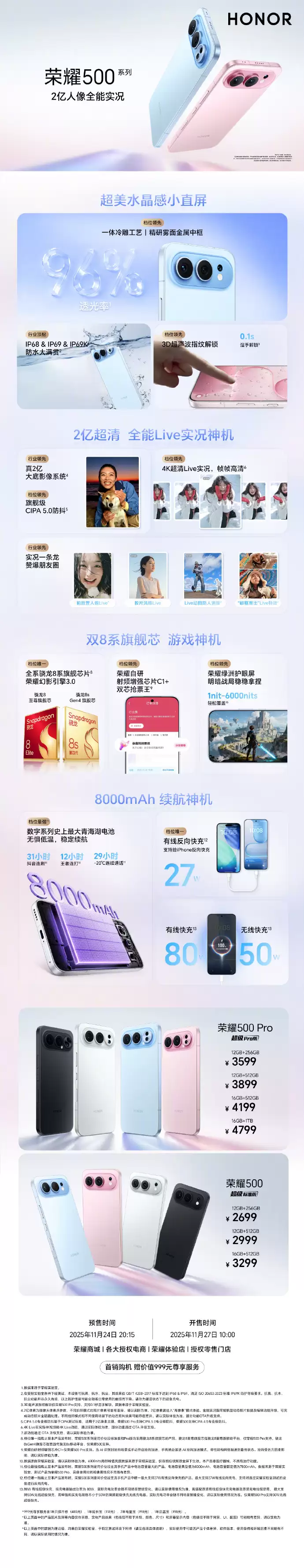 荣耀500 系列手机开售:全系骁龙8 系芯片。8000mAh 电池,2699 元起