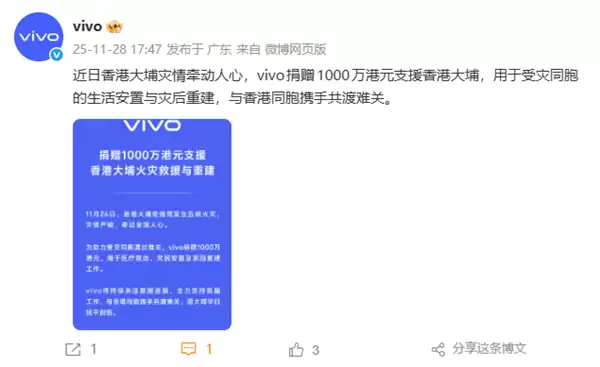 vivo捐赠1000万港元:支援香港大埔