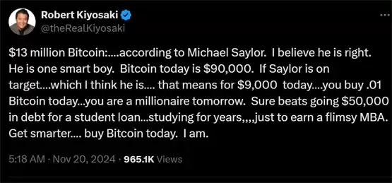 《富爸爸穷爸爸》作者Robert Kiyosaki支持Michael Saylor的1300万美元比特币预测