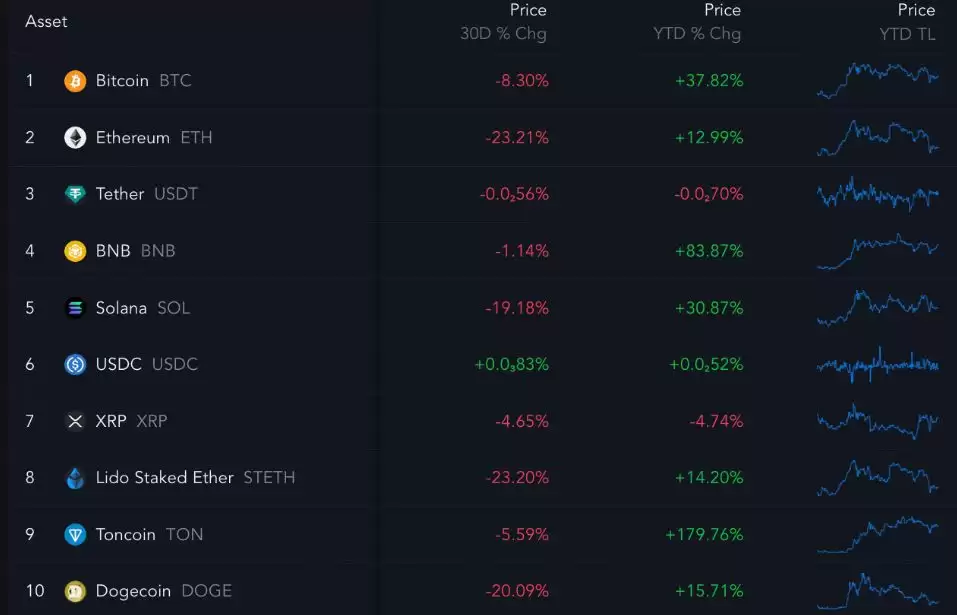 十大加密货币及其表现对比图