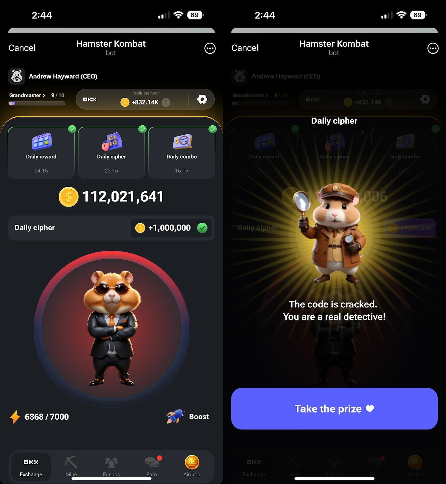 Hamster Kombat每日密码界面